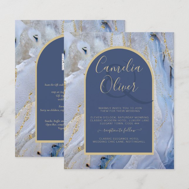 Papier Mariage d'arche en marbre moderne bleu or (Devant / Derrière)