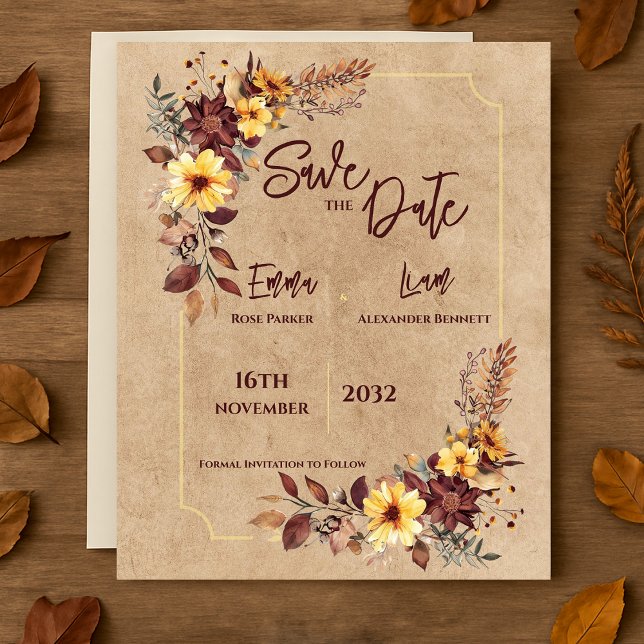 Papier Mariage de automne floral de Bourgogne rustique En (Rustic Burgundy Floral Fall Wedding Save the Date)