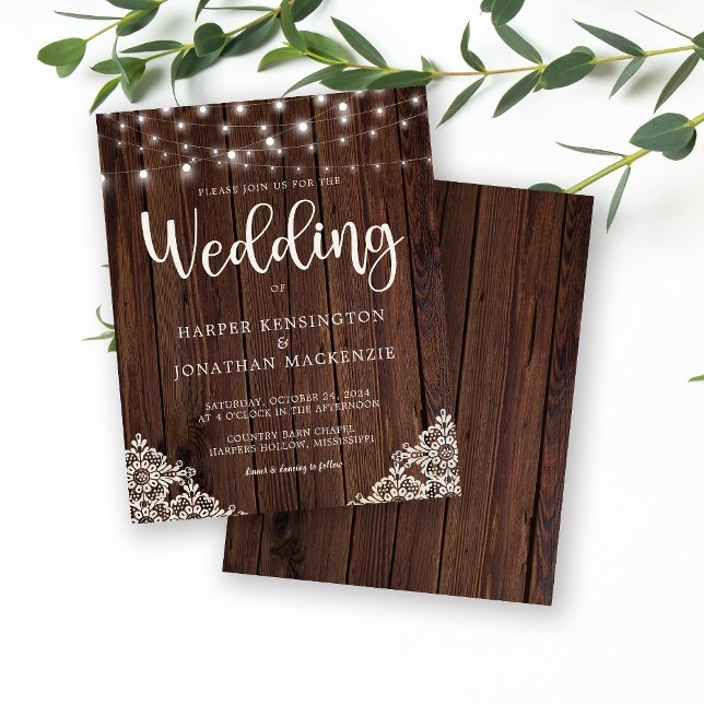Papier Mariage de dentelle de bois rustique budget (Rustic Wood Lace and String Lights Budget Wedding Invitation)