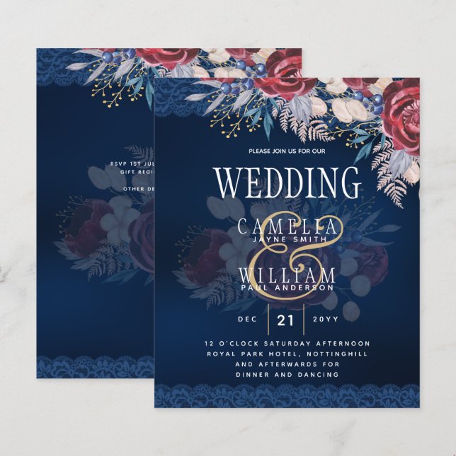 Papier Mariage de dentelle florale bleu Bourgogne intempo (Devant / Derrière)