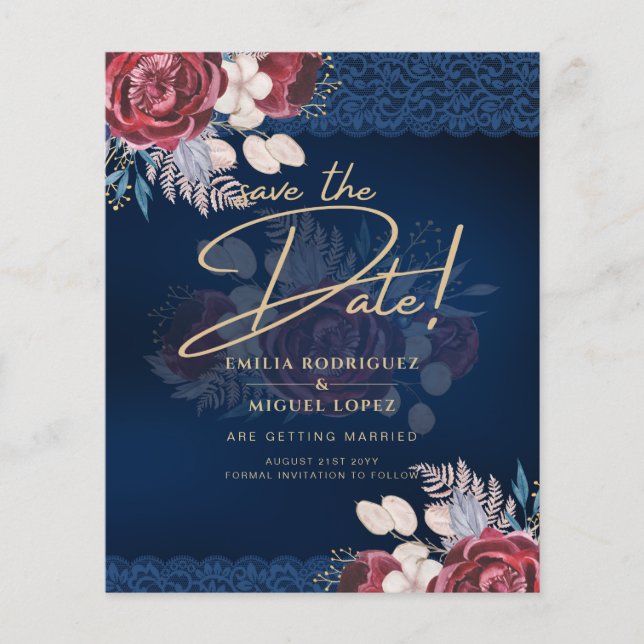 Papier Mariage de dentelle florale bleu Bourgogne moderne (Devant)