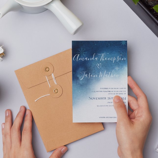 Papier Mariage de flocons de neige bleu blanc (Budget Blue White Whimsical Snowflake Wedding Invitation)