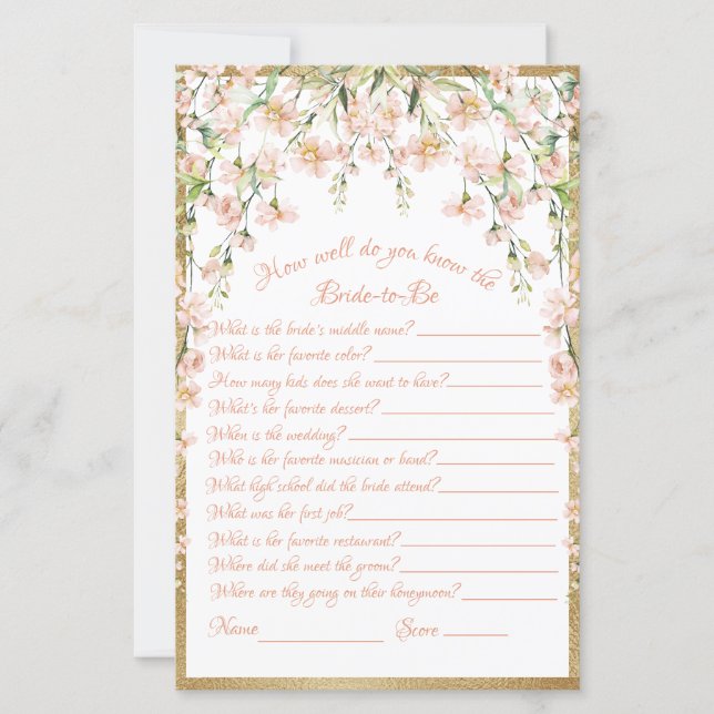 Papier Mariage de jeu de Fête des mariées florale rose (Devant)