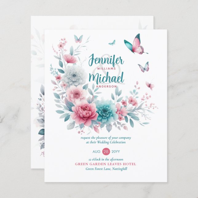 Papier Mariage d'été rose Aqua Silver Floral Boho printem (Devant / Derrière)