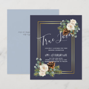 Papier Mariage d'hiver Roses blanches Or Dusty Bleu