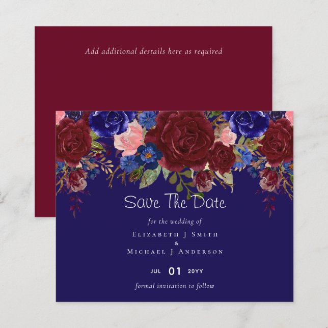 Papier Mariage Élégant avec des Fleurs de Bourgogne Bleu  (Devant / Derrière)
