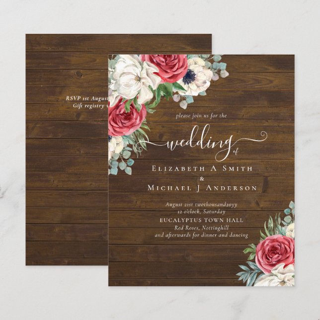 Papier Mariage Élégant Rouge Blanc Bleu Floral Budget (Devant / Derrière)