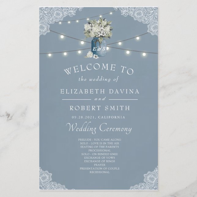 Papier Mariage en dentelle blanche combiné au bleu poussi (Devant)