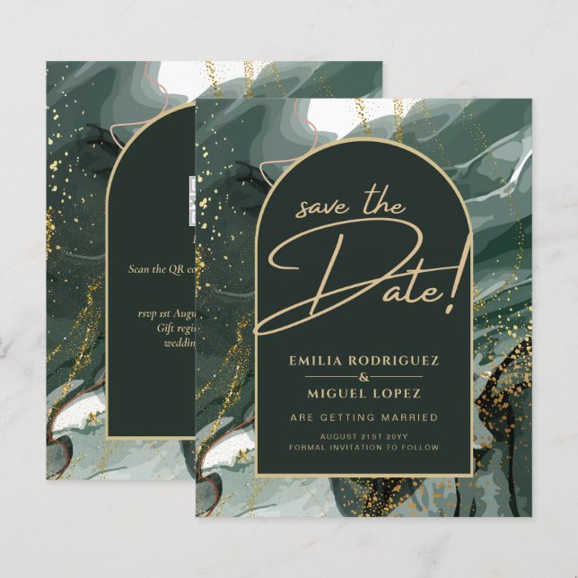 Papier Mariage en marbre moderne Emerald Green Gold Agate (Devant / Derrière)