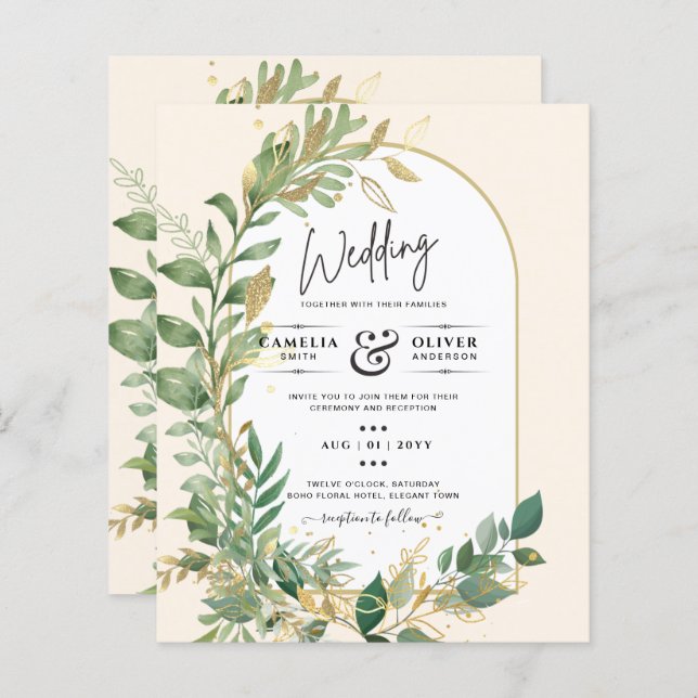 Papier Mariage en or Leaf de plantes modernes Invitation (Devant / Derrière)