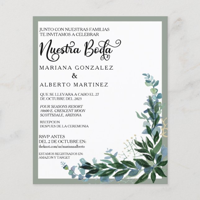 Papier Mariage espagnol Nuestra Boda RSVP Eucalyptus (Devant)