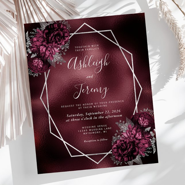 Papier Mariage Fleuris Argenté en Faux Foil Bourgogne à p (Créateur téléchargé)