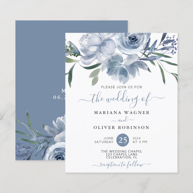 Papier Mariage Floral Aquarelle Bleu Poussiéreux Budget (Devant / Derrière)