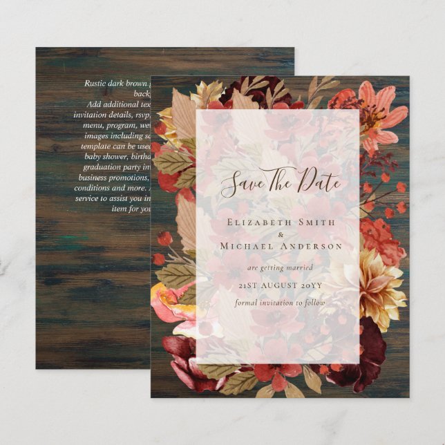 Papier Mariage Floral Automne - BUDGET Orange Bourgogne (Devant / Derrière)