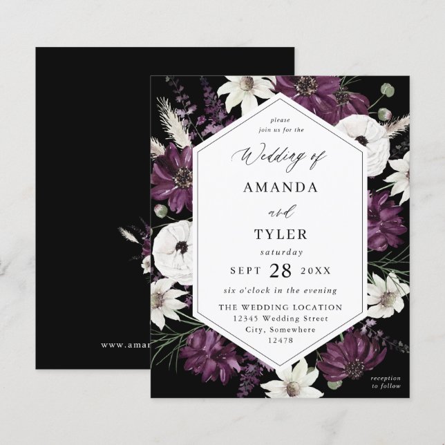 Papier Mariage floral blanc et violet budgétaire - noir (Devant / Derrière)