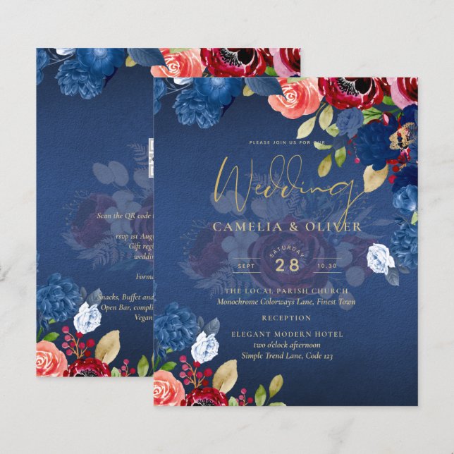 Papier Mariage Floral bleu Bourgogne rustique (Devant / Derrière)