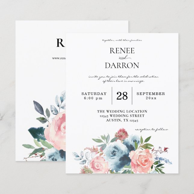 Papier Mariage floral bleu et rose pâle (Devant / Derrière)