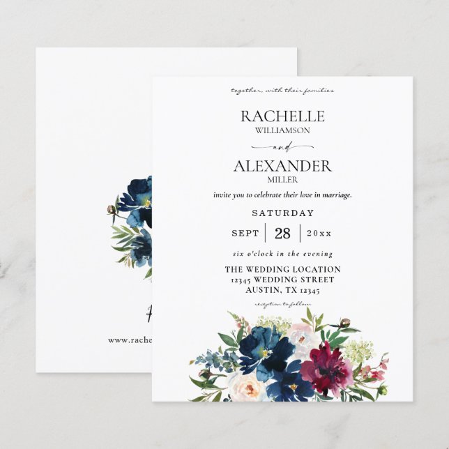 Papier Mariage floral bleu marine, bordeaux et blanc (Devant / Derrière)