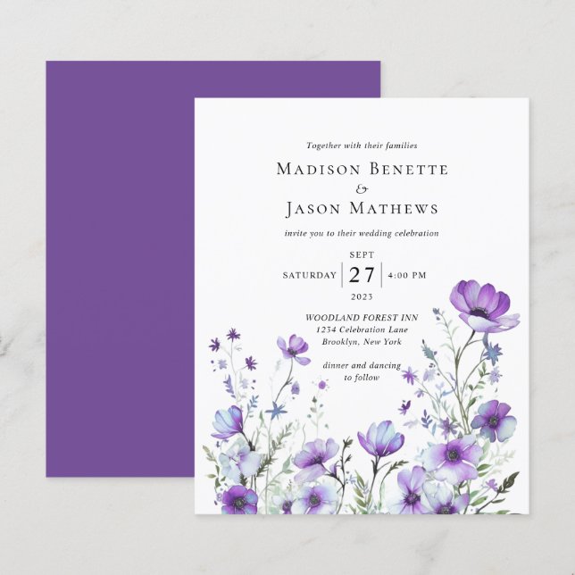 Papier MARIAGE floral bohème violet élégant BUDGET (Devant / Derrière)