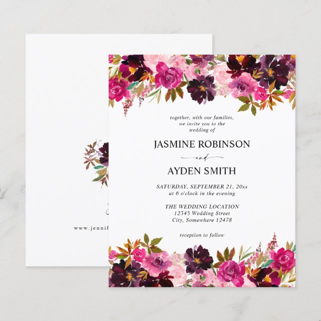 Papier Mariage Floral Bourgogne, rose et pourpre (Devant / Derrière)