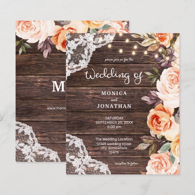 Papier Mariage floral Budget, dentelle, rose et pêche (Devant / Derrière)
