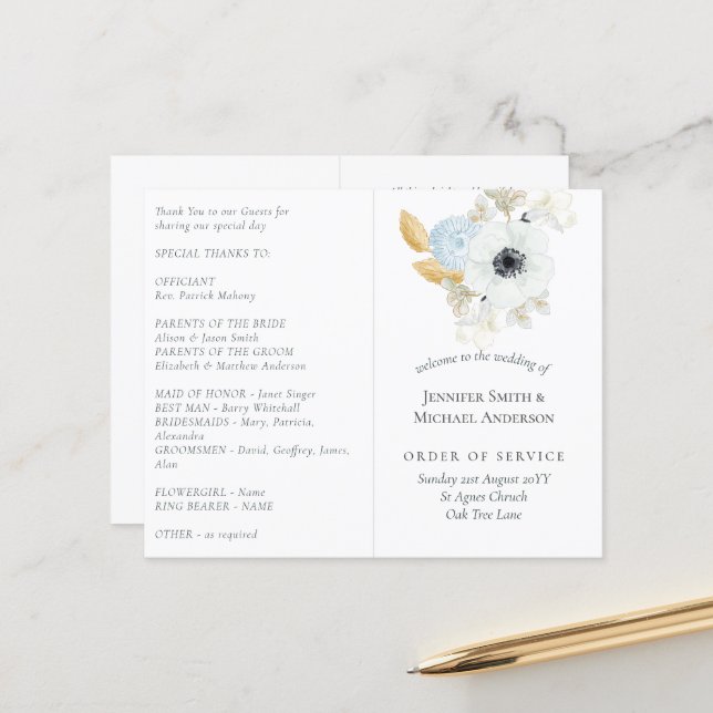 Papier Mariage floral or blanc marine (Devant/Arrière en situation)