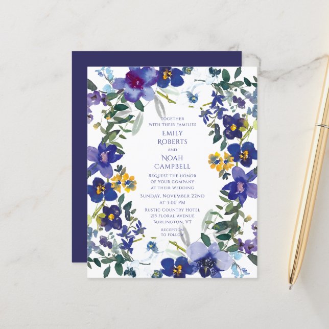 Papier Mariage Floral Orchidée violet et blanc budget (Devant/Arrière en situation)