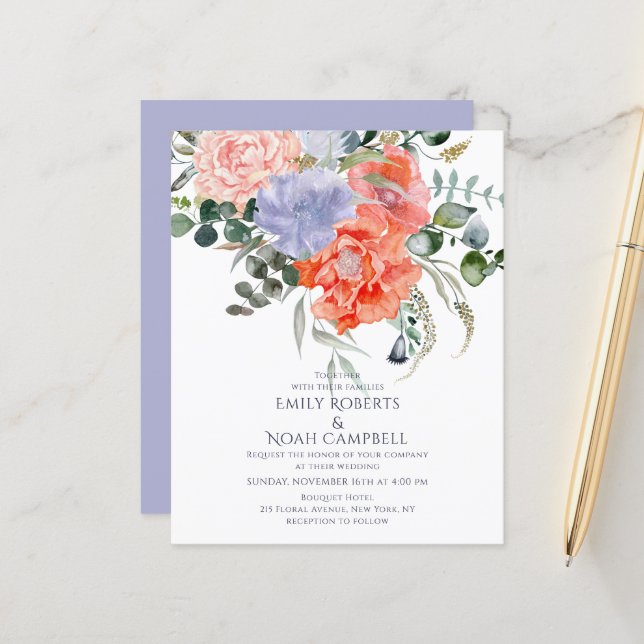 Papier Mariage floral rose et bleu clair (Devant/Arrière en situation)