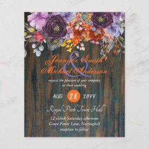 Papier Mariage Floral Rustique Violet Orange Rose Invite