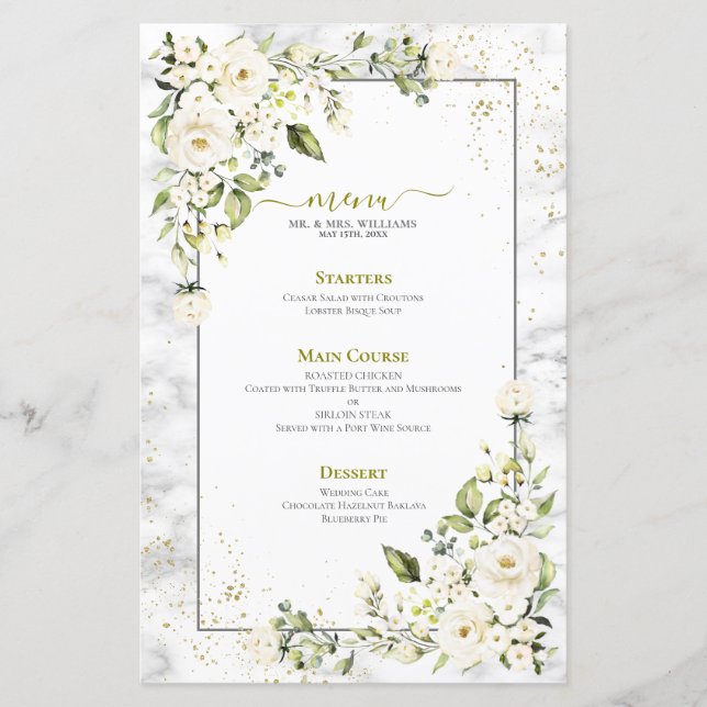 Papier Mariage moderne gris clair blanc floral or marbre  (Devant)