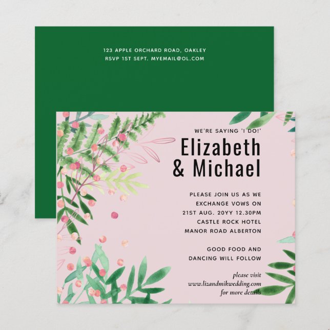 Papier Mariage moderne rose verdure (Devant / Derrière)