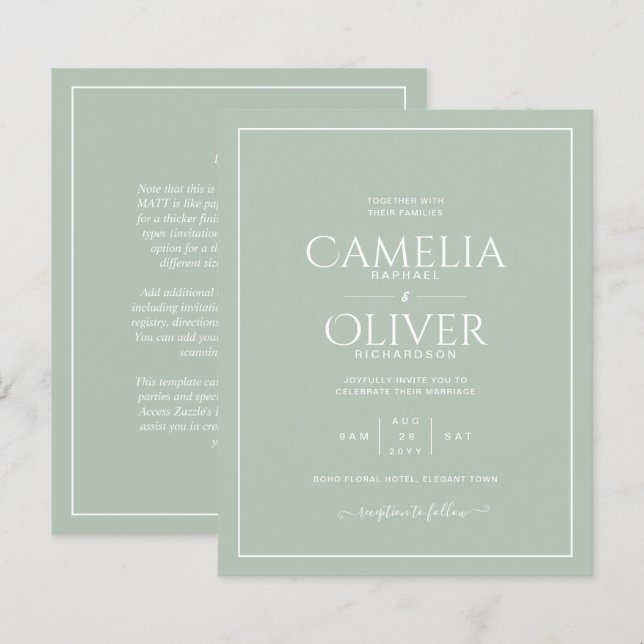 Papier MARIAGE MONOCHROME Vert Sage ÉCLAIRÉ BUDGET (Devant / Derrière)