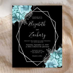 Papier Mariage Noir Floral Aqua Cadre Argent Budget