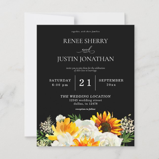 Papier Mariage noir floral blanc et tournesol budget 2 (Devant)