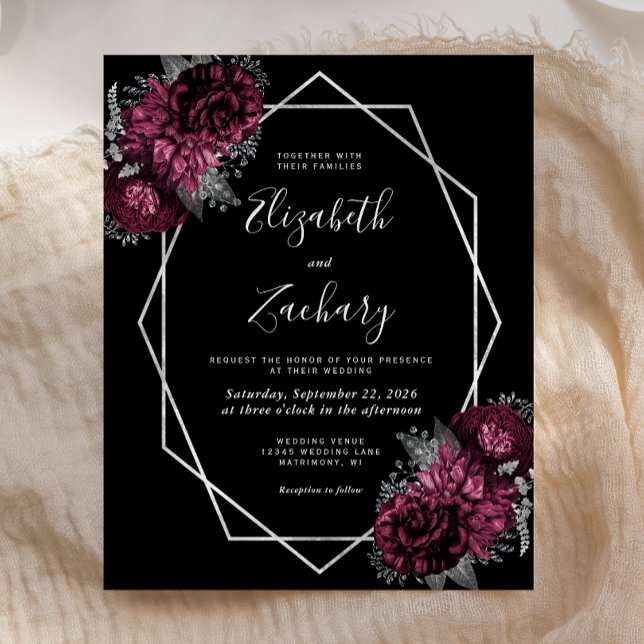 Papier Mariage noir floral bourgogne argent budget (Créateur téléchargé)