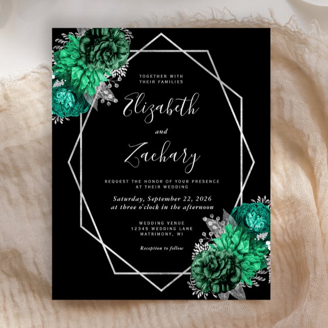 Papier Mariage Noir Floral Émeraude Vert Budget Argent (Créateur téléchargé)