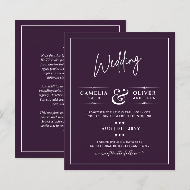 Papier MARIAGE PETIT BUDGET PLUM POURPRE Monochrome Simpl (Devant / Derrière)