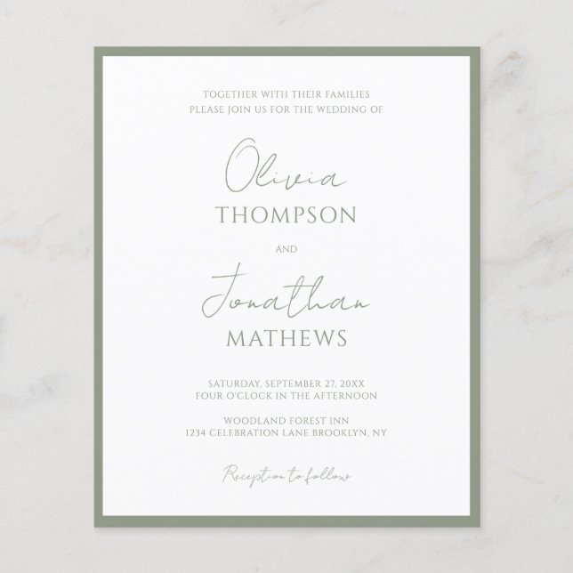 Papier MARIAGE photo BUDGET Simple Sage Green Script (Devant)