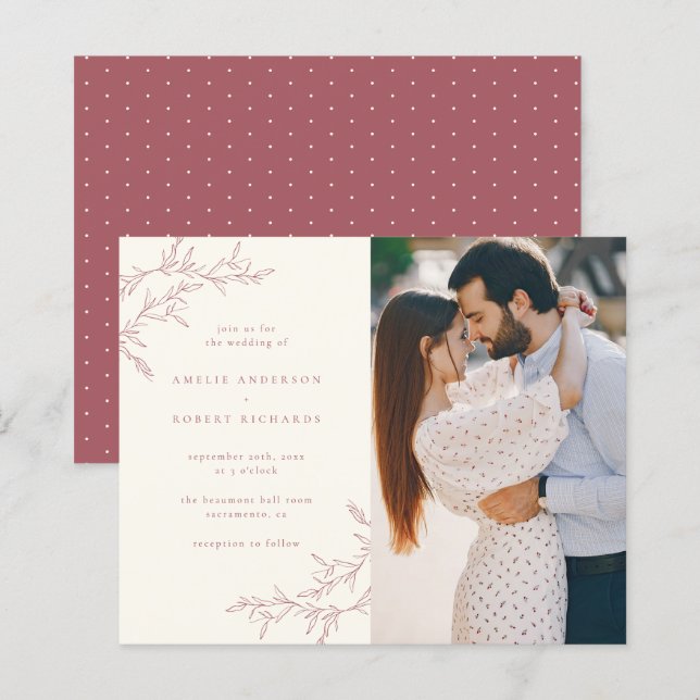Papier Mariage photo Crème Budget et feuillage rouge bouc (Devant / Derrière)