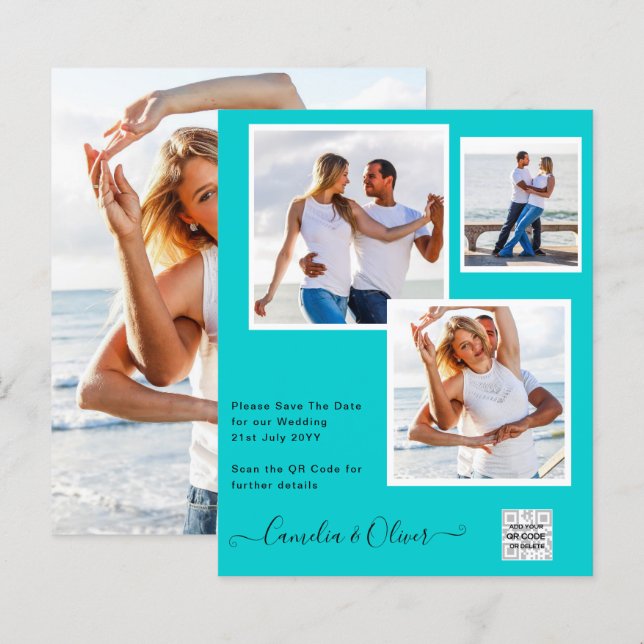 Papier Mariage PHOTO moderne Inviter QR CODE RSVP TURQUOI (Devant / Derrière)