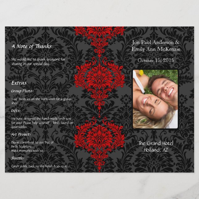 Papier Mariage photo pliant noir gris et rouge Damas (Devant)