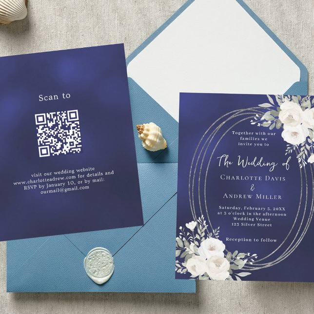 Papier Mariage QR RSVP invitation de Navy blue floraux bl (Créateur téléchargé)