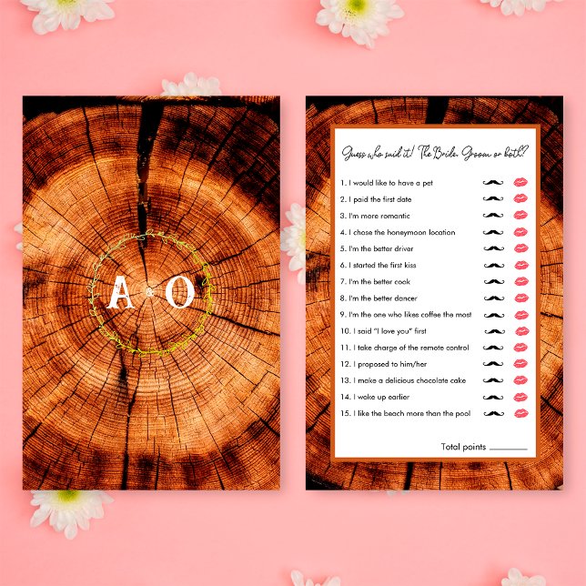 Papier Mariage Rustique Wood Devine Qui Fête des mariées  (Front/Back)