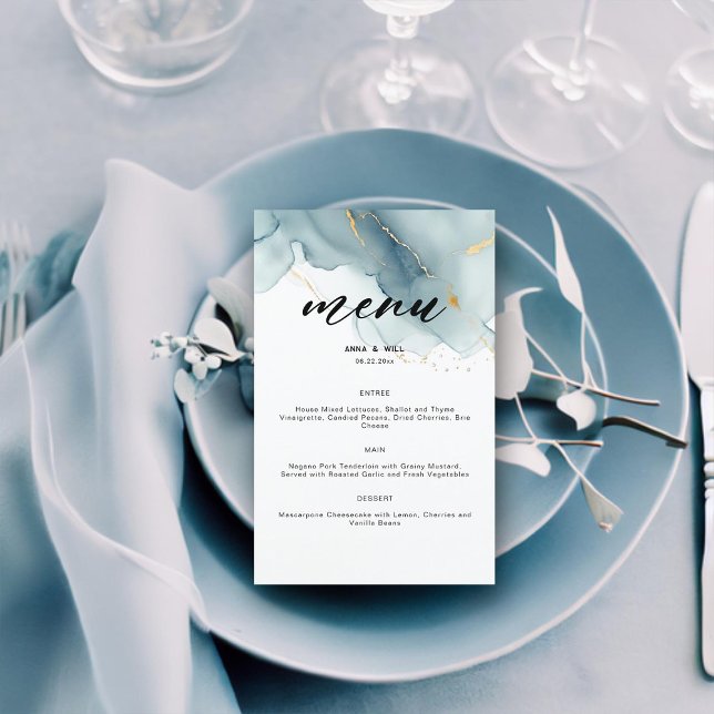 Papier Mariage Simple Élégant Bleu Poussiéreux Moderne su (dusty blue gold modern beach wedding menu romantic bohemian classy)