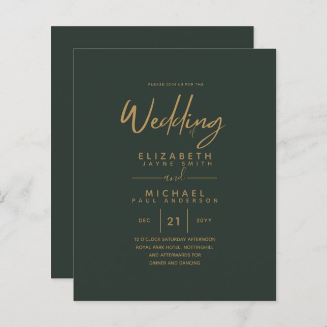 Papier Mariage Vert Or Vert moderne Invite (Devant / Derrière)