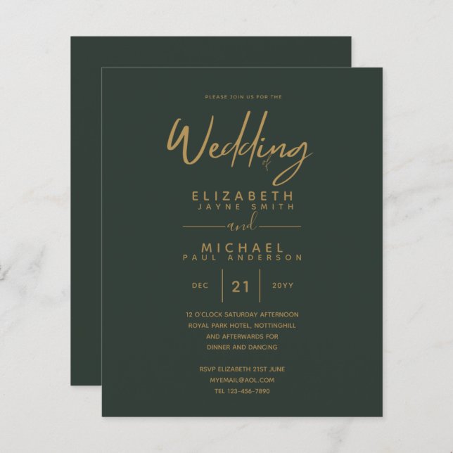 Papier Mariage Vert Or Vert moderne Invite (Devant / Derrière)