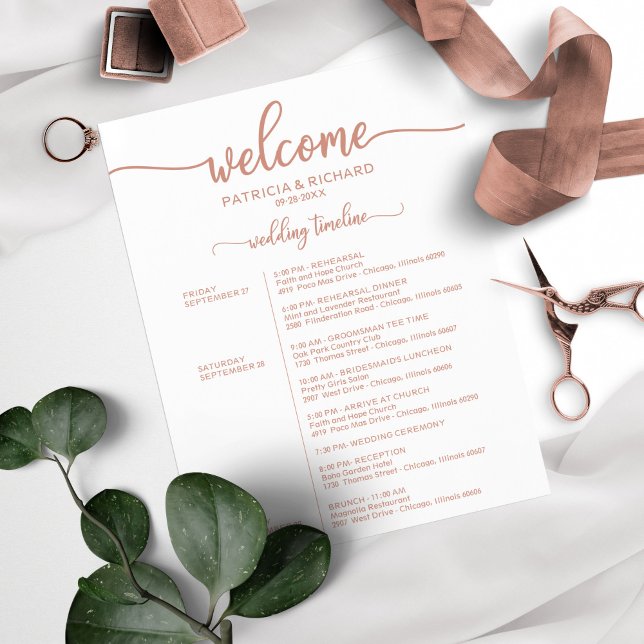 Papier Mariage Weekend Itinéraire Timeline Rose Gold (Créateur téléchargé)