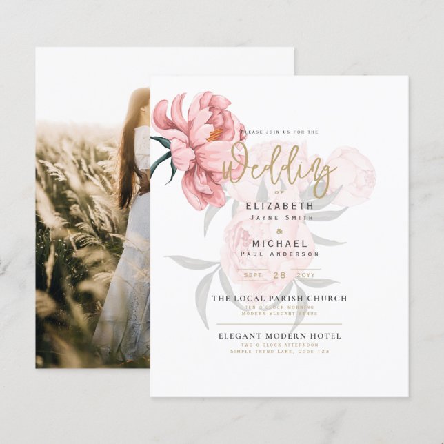 Papier Mariages floraux de pivoines roses modernes Invita (Devant / Derrière)