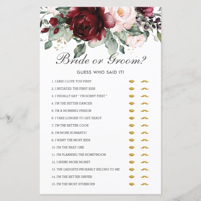 Papier Mariée Florale Bourgogne ou Guess qui l'a dit (Devant)