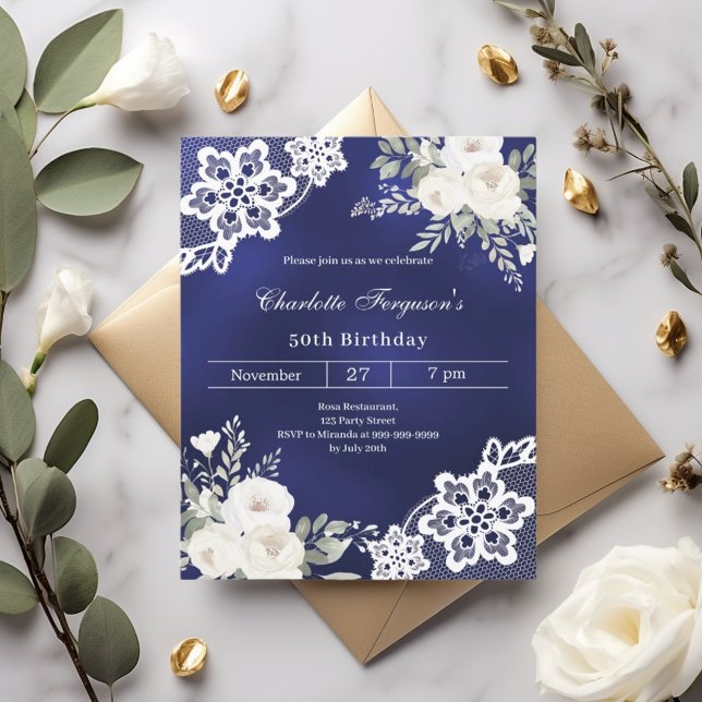 Papier Marine bleu blanc roses dentelle invitation annive (Créateur téléchargé)